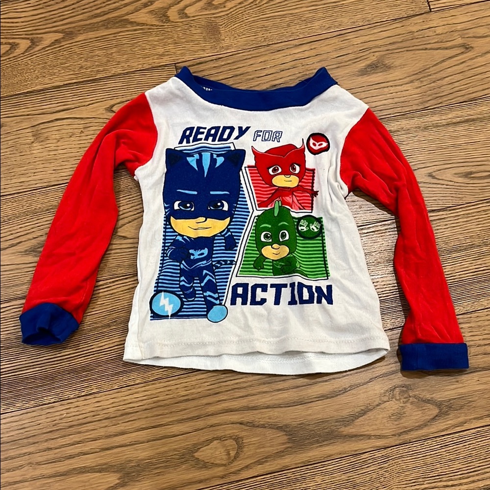 Red and White Long Sleeve Tee with Cartoon Superheroes